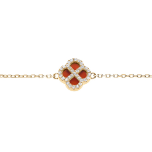 BRACELET ARGENT DORÉ TREFLE AGATE ROUGE CONTOUR OXYDES BLANCS 16+3CM