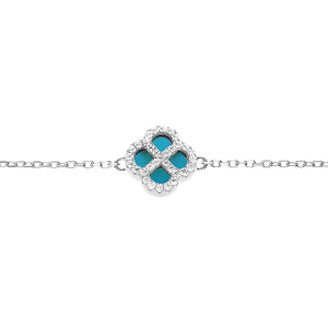 BRACELET ARGENT RHODIÉ TREFLE TURQUOISE IMITATION  CONTOUR OXYDES BLANCS 16+3CM