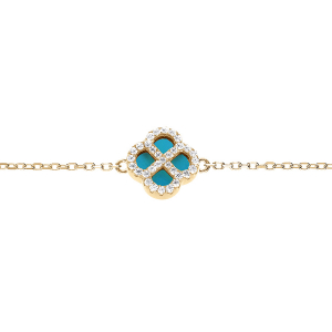 BRACELET ARGENT DORÉ TREFLE TURQUOISE IMITATION  CONTOUR OXYDES BLANCS 16+3CM