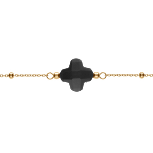 BRACELET ARGENT DORÉ CHAINE BOULES TREFLE EN VERRE FACETTÉ NOIR  16+3CM