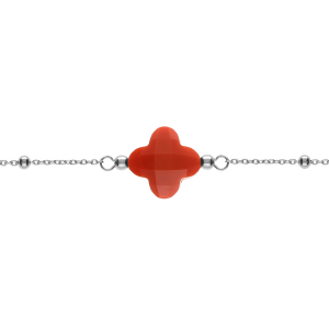 BRACELET ARGENT RHODIÉ CHAINE BOULES TREFLE EN VERRE FACETTÉ ROUGE  16+3CM