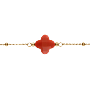 BRACELET ARGENT DORÉ CHAINE BOULES TREFLE EN VERRE FACETTÉ ROUGE  16+3CM