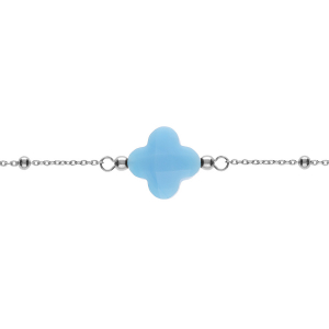 BRACELET ARGENT RHODIÉ CHAINE BOULES TREFLE EN VERRE FACETTÉ BLEU CIEL  16+3CM