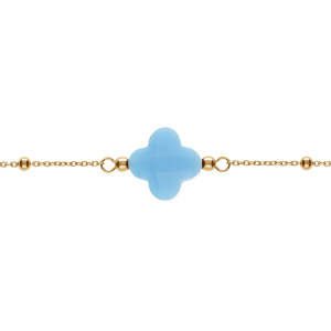 BRACELET ARGENT DORÉ CHAINE BOULES TREFLE EN VERRE FACETTÉ BLEU CIEL  16+3CM