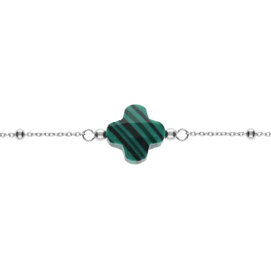 BRACELET ARGENT RHODIÉ CHAINE BOULES TREFLE EN VERRE FACETTÉ VERT FONCÉ   16+3CM