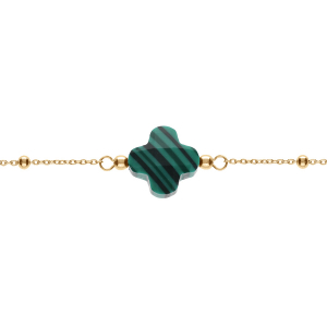 BRACELET ARGENT DORÉ CHAINE BOULES TREFLE EN VERRE FACETTÉ VERT  16+3CM