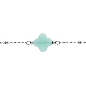BRACELET ARGENT RHODIÉ CHAINE BOULES TREFLE EN VERRE FACETTÉ VERT CLAIR   16+3CM