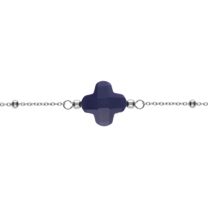 BRACELET ARGENT RHODIÉ CHAINE BOULES TREFLE EN VERRE FACETTÉ BLEU MARINE     16+3CM