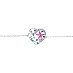 BRACELET ARGENT RHODIÉ COEUR AVEC FLEURS OXYDES MULTI COULEURS 16+3CM