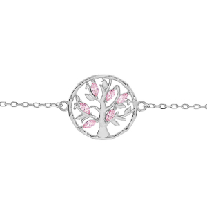 BRACELET ARGENT RHODIÉ ARBRE DE VIE OXYDES FUSCHIA 16+3CM