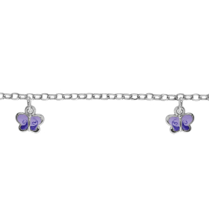 BRACELET ARGENT RHODIÉ 3 PAMPILLES PAPILLON MAUVE 14+2CM