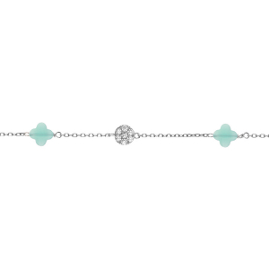 BRACELET ARGENT RHODIÉ TREFLE EN VERRE BLEU GLACIAL ET PASTILLE OXYDES BLANCS 15.5+2.5CM