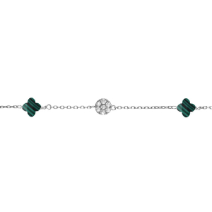 BRACELET ARGENT RHODIÉ TREFLE EN VERRE VERT MALACHITE IMITATION ET PASTILLE OXYDES BLANCS 15.5+2.5CM