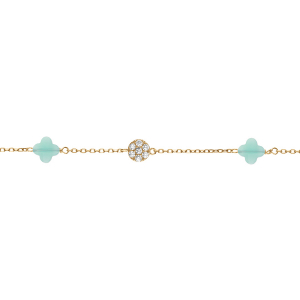 BRACELET ARGENT DORÉ TREFLE EN VERRE BLEU GLACIAL ET PASTILLE OXYDES BLANCS 15.5+2.5CM