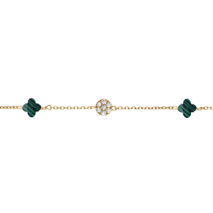 BRACELET ARGENT DORÉ TREFLE EN VERRE VERT MALACHITE IMITATION ET PASTILLE OXYDES BLANCS 15.5+2.5CM