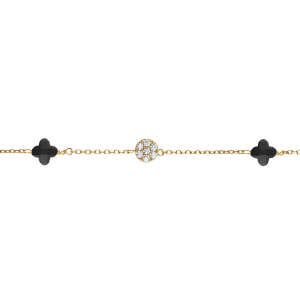 BRACELET ARGENT DORÉ TREFLE EN VERRE NOIR ET PASTILLE OXYDES BLANCS 15.5+2.5CM