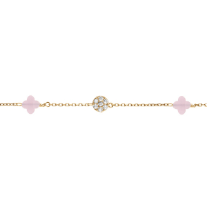 BRACELET ARGENT DORÉ TREFLE EN VERRE ROSE ET PASTILLE OXYDES BLANCS 15.5+2.5CM