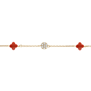BRACELET ARGENT DORÉ TREFLE EN VERRE CORAIL ET PASTILLE OXYDES BLANCS 15.5+2.5CM