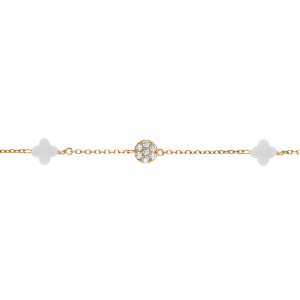 BRACELET ARGENT DORÉ TREFLE EN VERRE BLANC ET PASTILLE OXYDES BLANCS 15.5+2.5CM