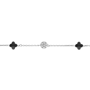 BRACELET ARGENT RHODIÉ TREFLE EN VERRE NOIR ET PASTILLE OXYDES BLANCS 15.5+2.5CM
