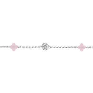 BRACELET ARGENT RHODIÉ TREFLE EN VERRE ROSE ET PASTILLE OXYDES BLANCS 15.5+2.5CM