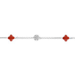 BRACELET ARGENT RHODIÉ TREFLE EN VERRE CORAIL ET PASTILLE OXYDES BLANCS 15.5+2.5CM