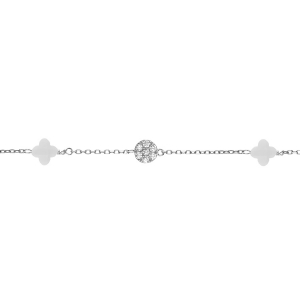 BRACELET ARGENT RHODIÉ TREFLE EN VERRE BLANC ET PASTILLE OXYDES BLANCS 15.5+2.5CM