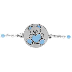 BRACELET ARGENT RHODIÉ BOULES RONDELLE AVEC OURSON RÉSINE BLEU 13+3CM