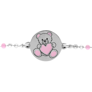 BRACELET ARGENT RHODIÉ BOULES RONDELLE AVEC OURSON RÉSINE ROSE 13+3CM