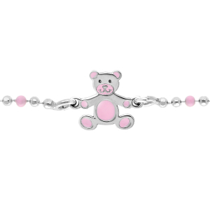 BRACELET ARGENT RHODIÉ BOULES OURSON RÉSINE ROSE 13+3CM