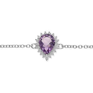 BRACELET ARGENT RHODIÉ AMÉTHYSTE VÉRITABLE FORME GOUTTE 8X6 CONTOUR OXYDES BLANCS SERTIS 16+3CM