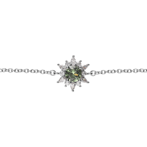 BRACELET ARGENT RHODIÉ FLEUR OXYDE VERT ET CONTOUR OXYDES BLANCS 16+2CM