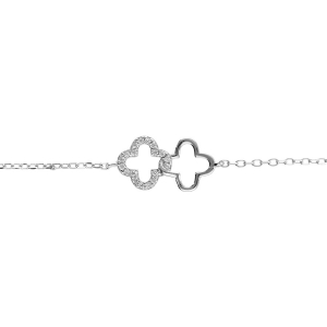 BRACELET ARGENT RHODIÉ DOUBLE FLEUR OYYDES BLANCS SERTIS 16+2CM