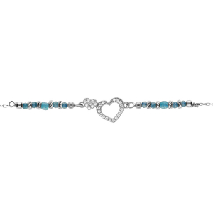 BRACELET ARGENT RHODIÉ COEUR CONTOUR OXYDES BLANCS SERTIS AVEC VERRE BLEU 16+3CM
