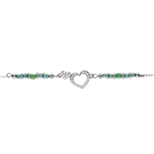 BRACELET ARGENT RHODIÉ COEUR CONTOUR OXYDES BLANCS SERTIS AVEC VERRE VERT 16+3CM