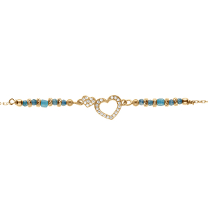 BRACELET ARGENT DORÉ COEUR AVEC OXYDES BLANCS SERTIS AVEC VERRE BLEU 16+3CM