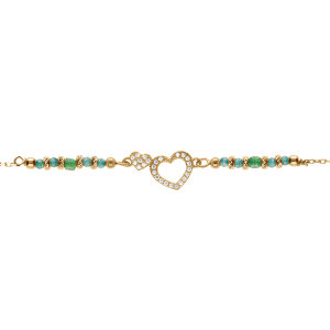 BRACELET ARGENT DORÉ COEUR AVEC OXYDES BLANCS SERTIS AVEC VERRE VERT 16+3CM