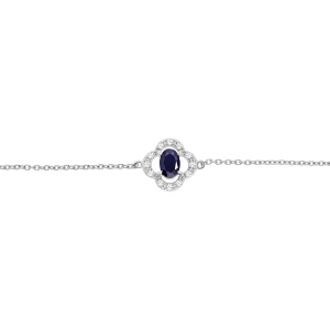 BRACELET ARGENT RHODIE FORME FLEUR SAPHIR VÉRITABLE ET TOPAZES BLANCHES 16+3CM