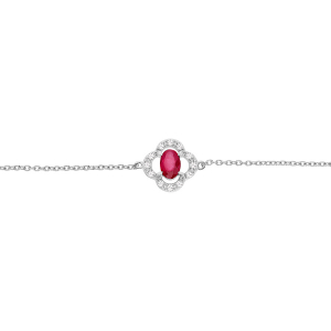 BRACELET ARGENT RHODIE FORME FLEUR RUBIS VÉRITABLE ET TOPAZES BLANCHES 16+3CM
