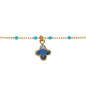 BRACELET ARGENT DORÉ BOULES RÉSINE TURQUOISE PAMPILLE TREFLE CRISTAL BLEU 15+3CM
