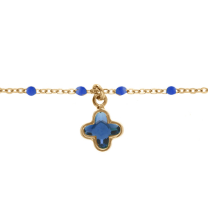 BRACELET ARGENT DORÉ BOULES RÉSINE BLEU FONCÉ PAMPILLE TREFLE CRISTAL BLEU 15+3CM
