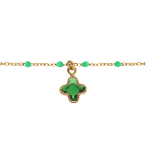 BRACELET ARGENT DORÉ BOULES RÉSINE VERTE PAMPILLE TREFLE CRISTAL VERT 15+3CM