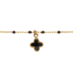 BRACELET ARGENT DORÉ BOULES RÉSINE NOIRE PAMPILLE TREFLE CRISTAL NOIR 15+3CM