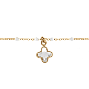 BRACELET ARGENT DORÉ BOULES RÉSINE BLANCHES PAMPILLE TREFLE CRISTAL BLANC 15+3CM