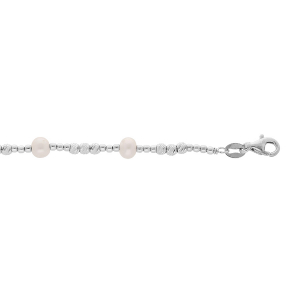 BRACELET ARGENT RHODIE BOULES DIAMANTÉES AVEC PERLES DE CULTURE D'EAU DOUCE BLANCHES  18+2,5CM