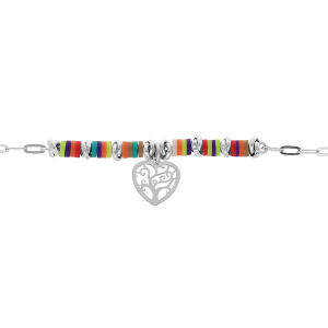 BRACELET ARGENT RHODIÉ COCKTAIL COULEURS PAMPILLE COEUR 16+3CM