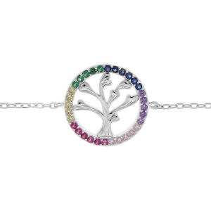 BRACELET ARGENT RHODIÉ ARBRE DE VIE CONTOUR OXYDES MULTICOULEURS 16+3CM