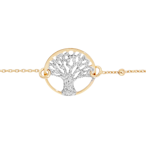 BRACELET ARGENT ET DORURE JAUNE ARBRE DE VIE GRANITÉ 15MM  16+3CM
