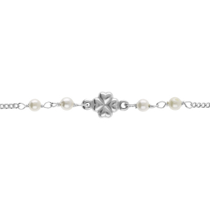 BRACELET ARGENT RHODIÉ TREFLE ET PERLE BLANCHE IMITATION T DIAMANTÉES 16+3CM
