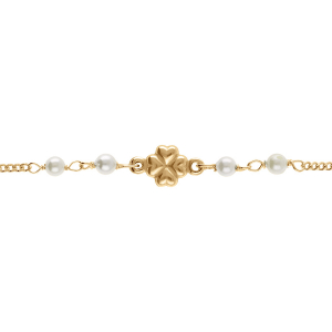 BRACELET ARGENT DORÉ TREFLE ET PERLE BLANCHE IMITATION T DIAMANTÉES 16+3CM